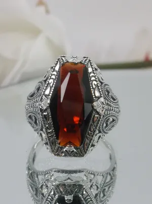 Garnet Ring, Hexagon Gem with Art Deco Filigree, Edwardian Jewelry #D237