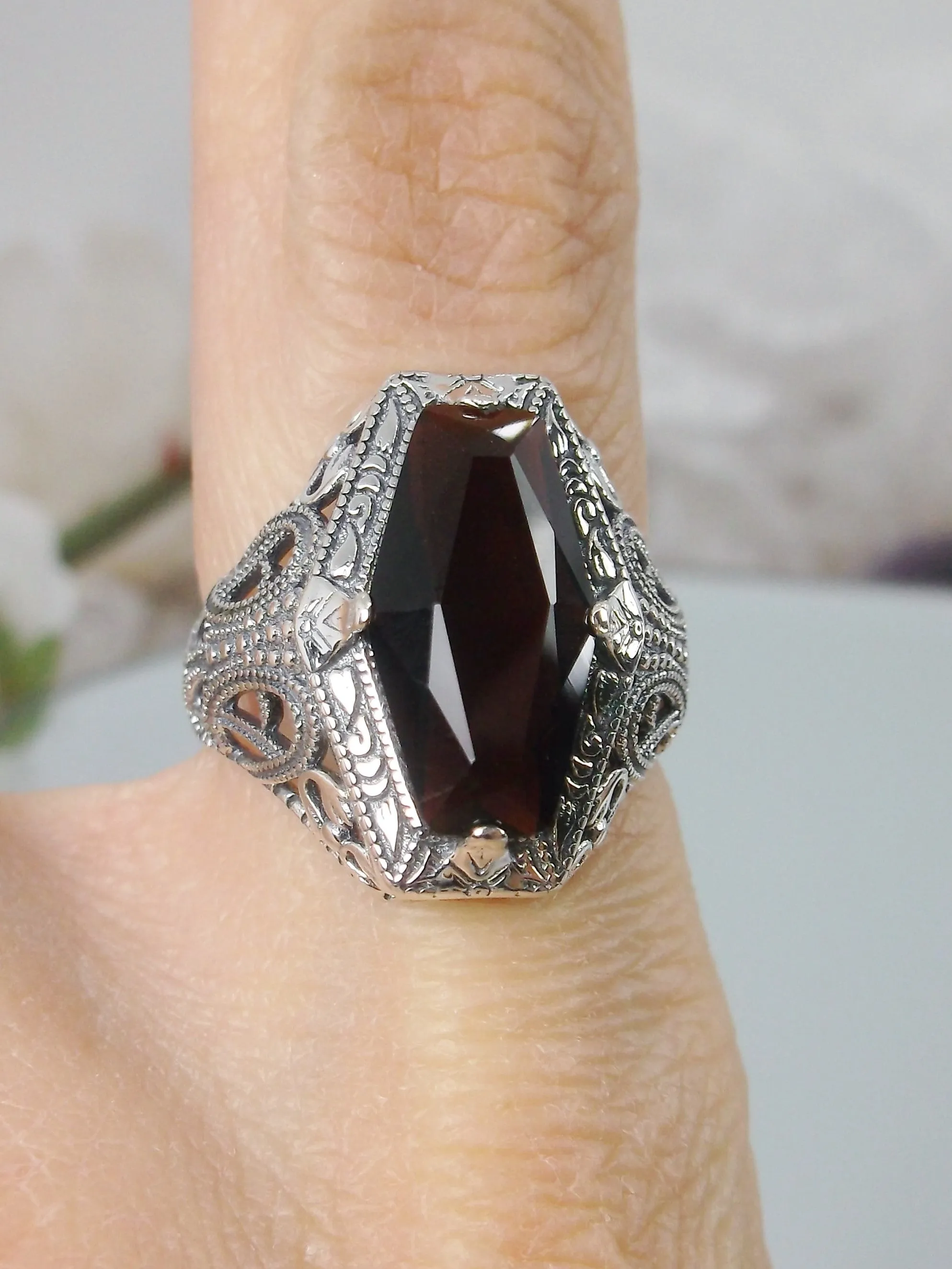 Garnet Ring, Hexagon Gem with Art Deco Filigree, Edwardian Jewelry #D237