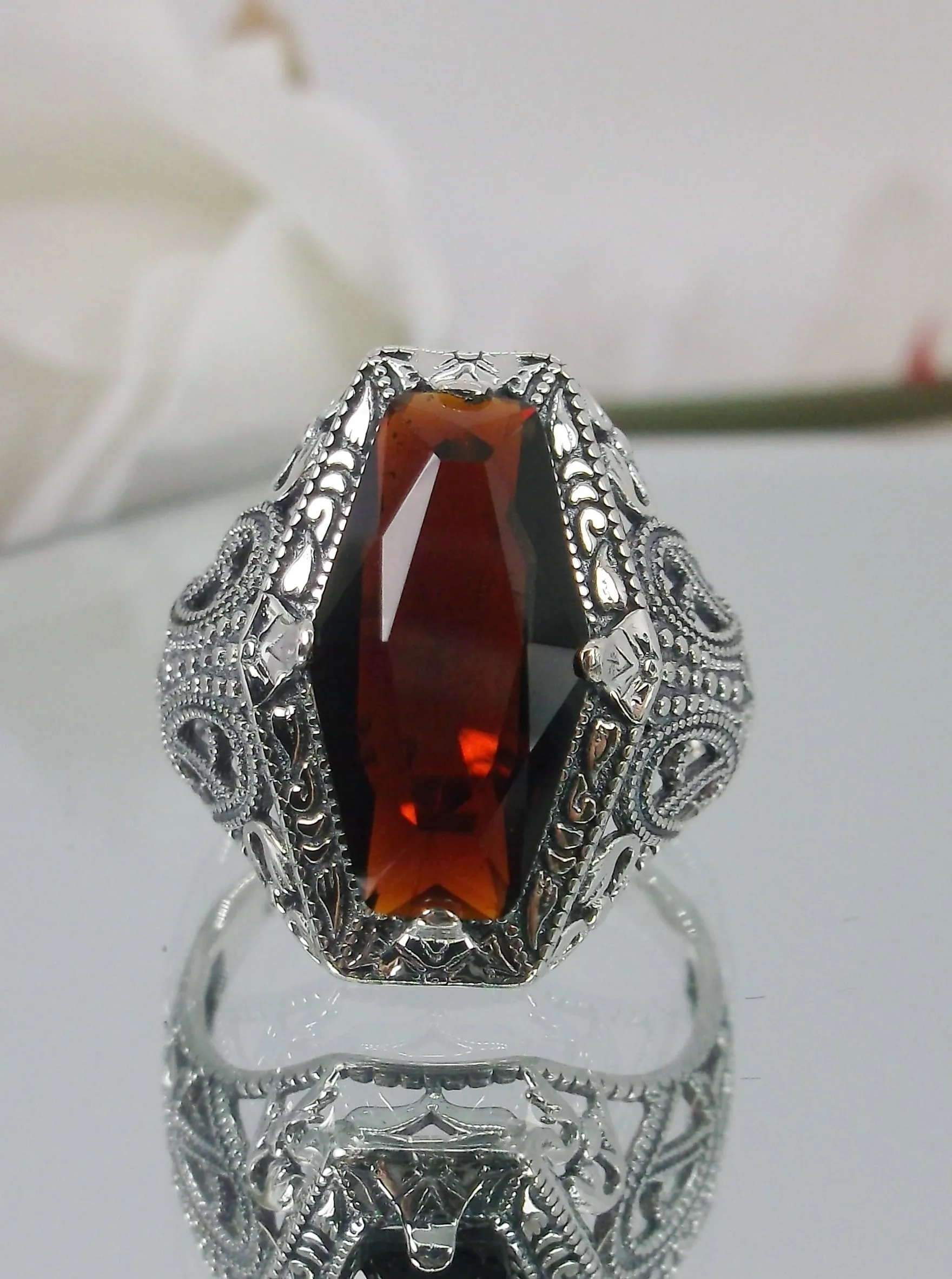 Garnet Ring, Hexagon Gem with Art Deco Filigree, Edwardian Jewelry #D237