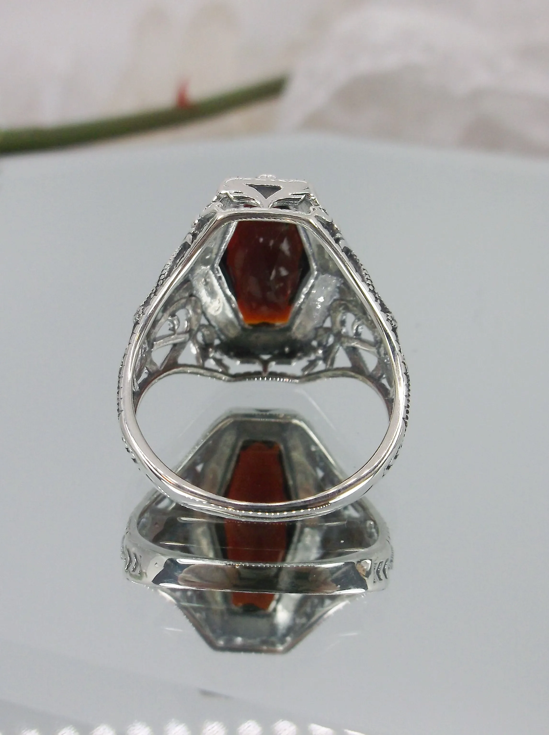 Garnet Ring, Hexagon Gem with Art Deco Filigree, Edwardian Jewelry #D237