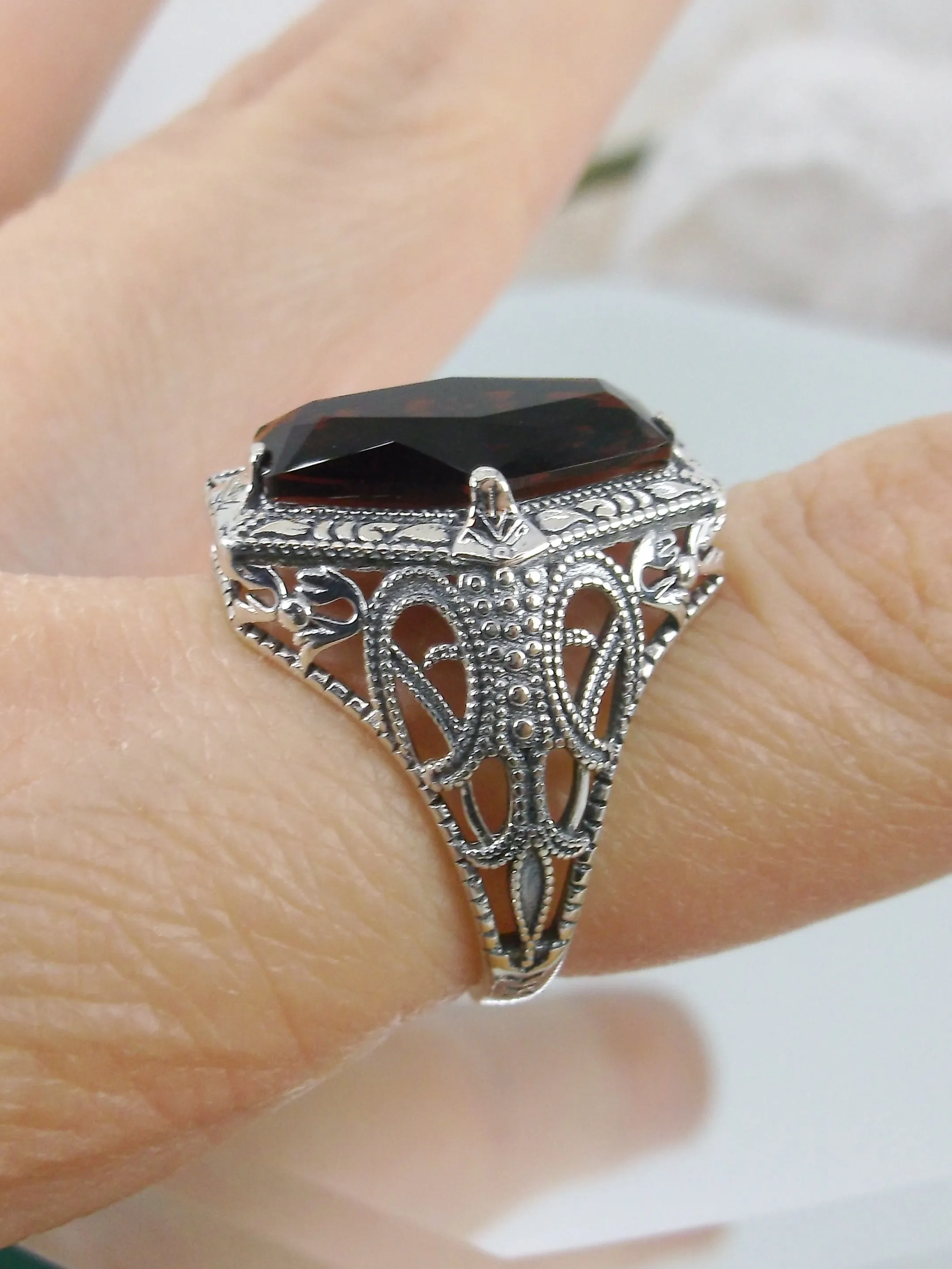 Garnet Ring, Hexagon Gem with Art Deco Filigree, Edwardian Jewelry #D237