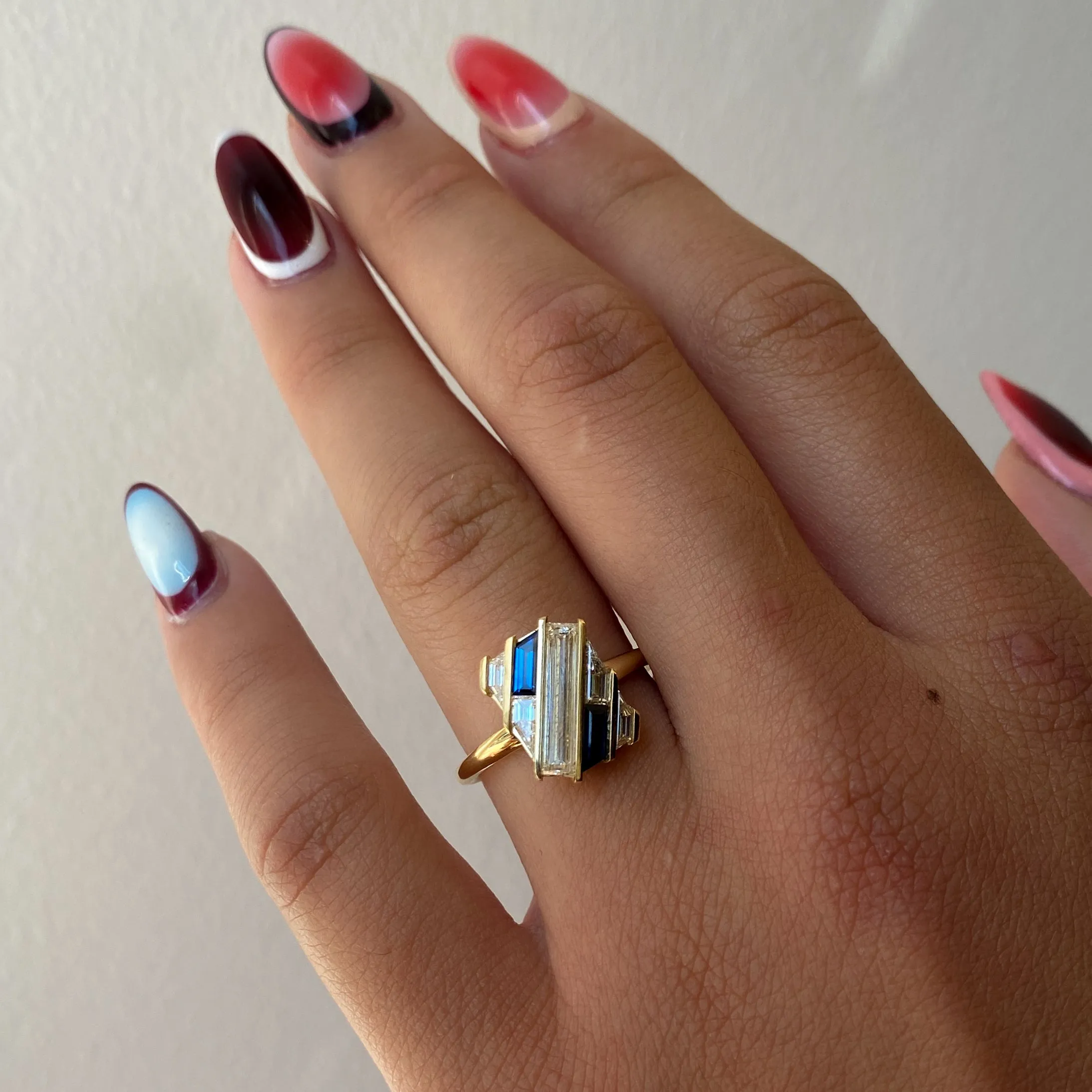 Geometric Lab-Grown Diamond & Sapphire Slash Engagement Ring