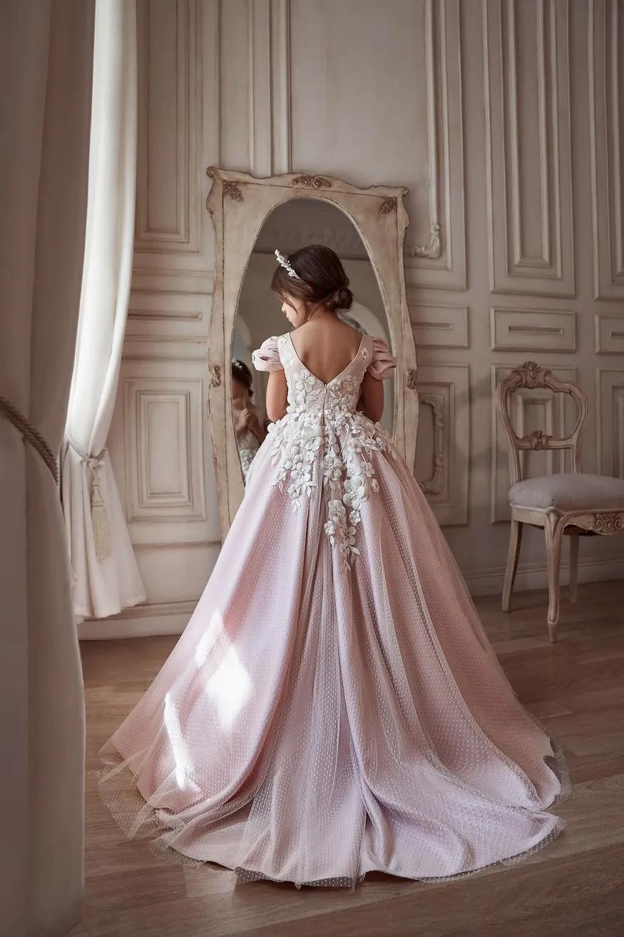 Girls Blush Satin Dress Cap Sleeves