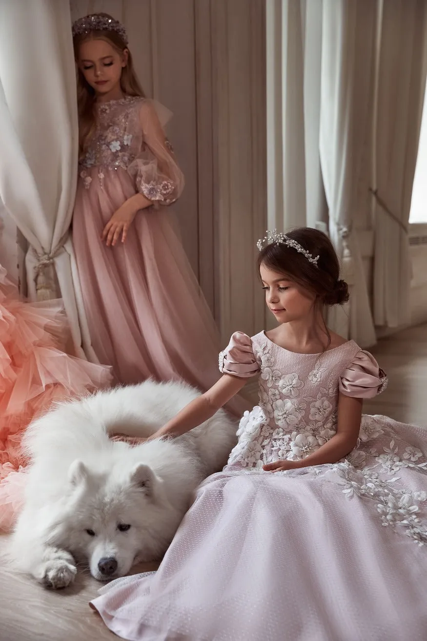 Girls Blush Satin Dress Cap Sleeves