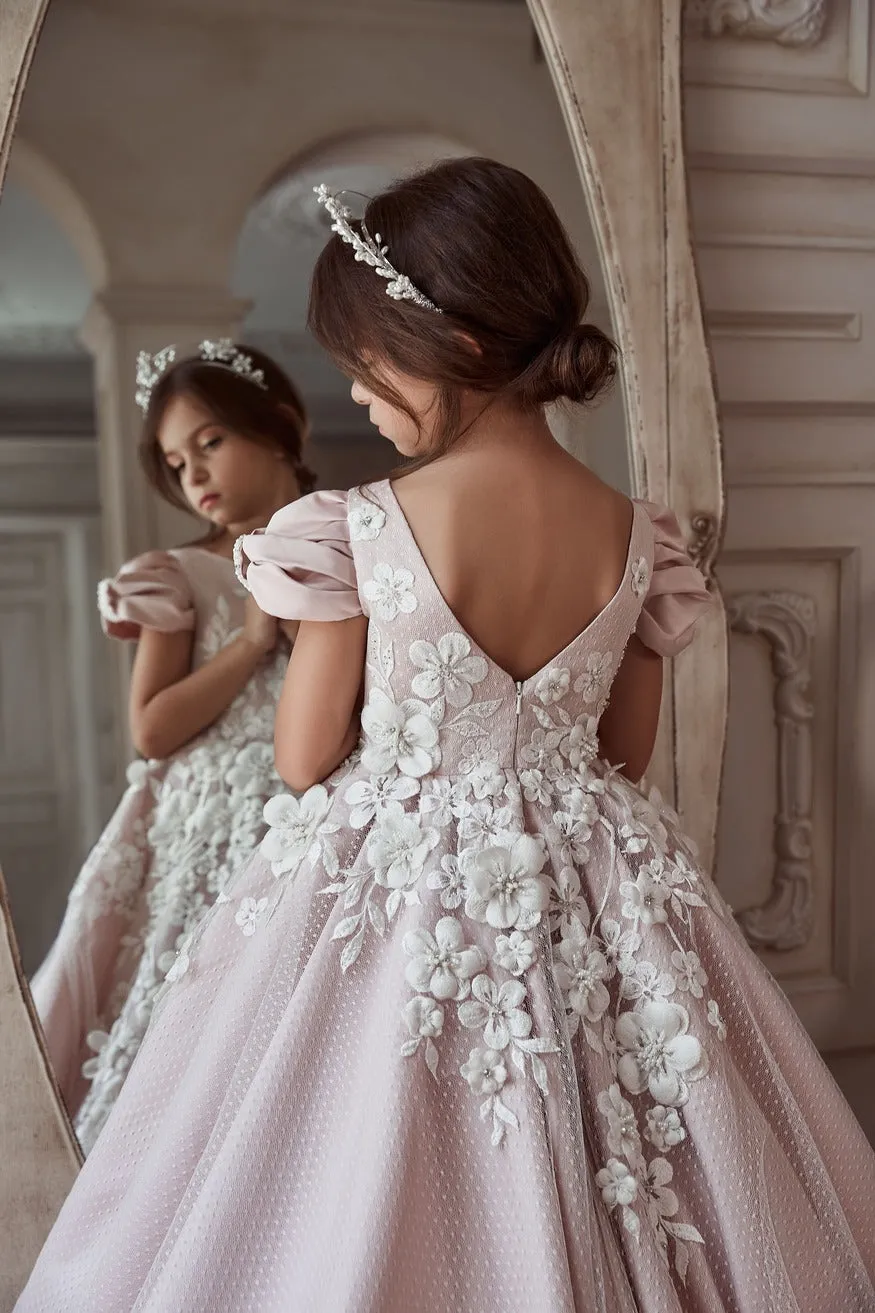 Girls Blush Satin Dress Cap Sleeves