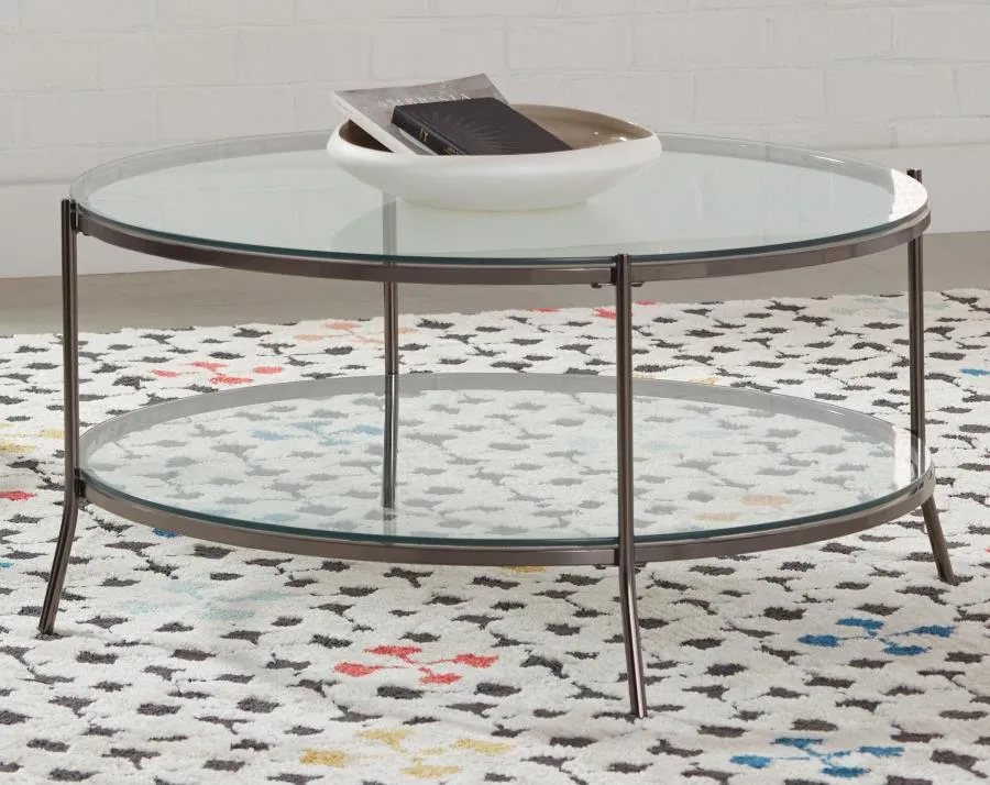Glass Top Round Coffee Table in Black Nickel and Clear