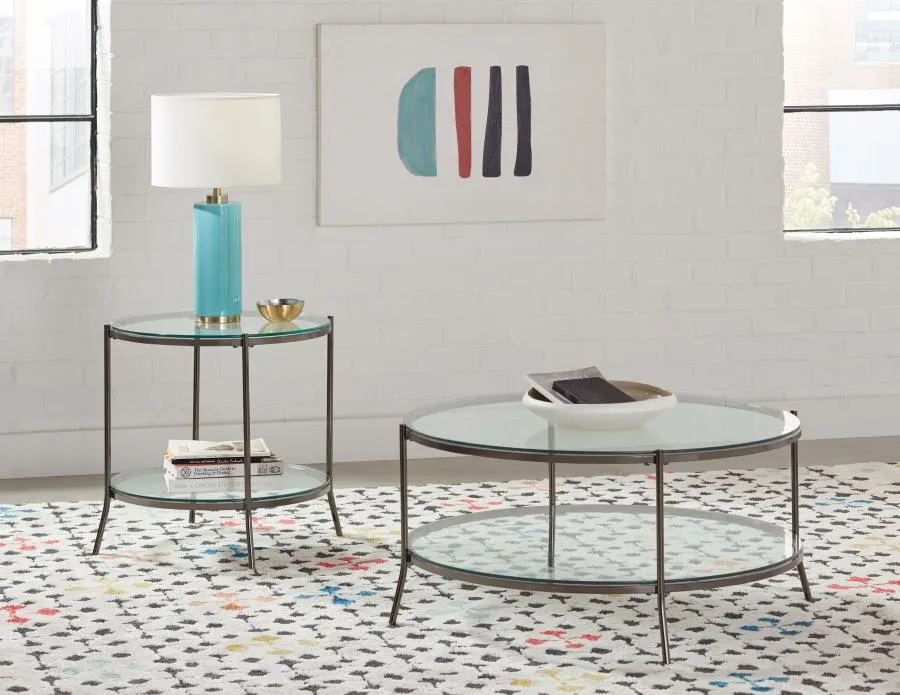 Glass Top Round End Table Table in Black Nickel and Clear