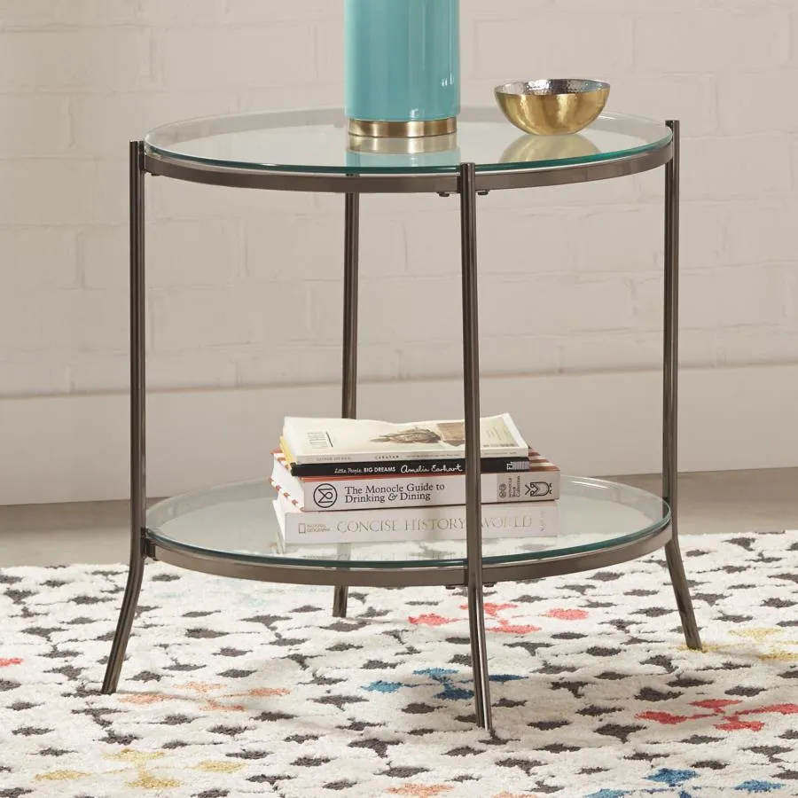 Glass Top Round End Table Table in Black Nickel and Clear
