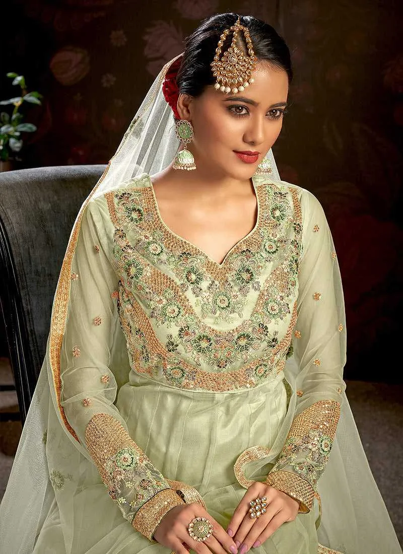 Green Floral Embroidered Stylish Kalidar Anarkali