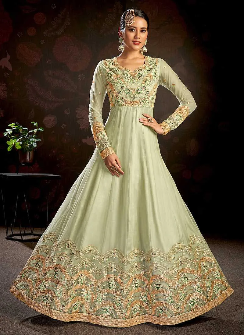 Green Floral Embroidered Stylish Kalidar Anarkali