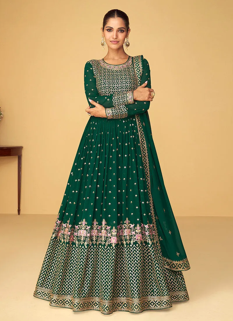 Green Heavy Embroidered Kalidar Anarkali