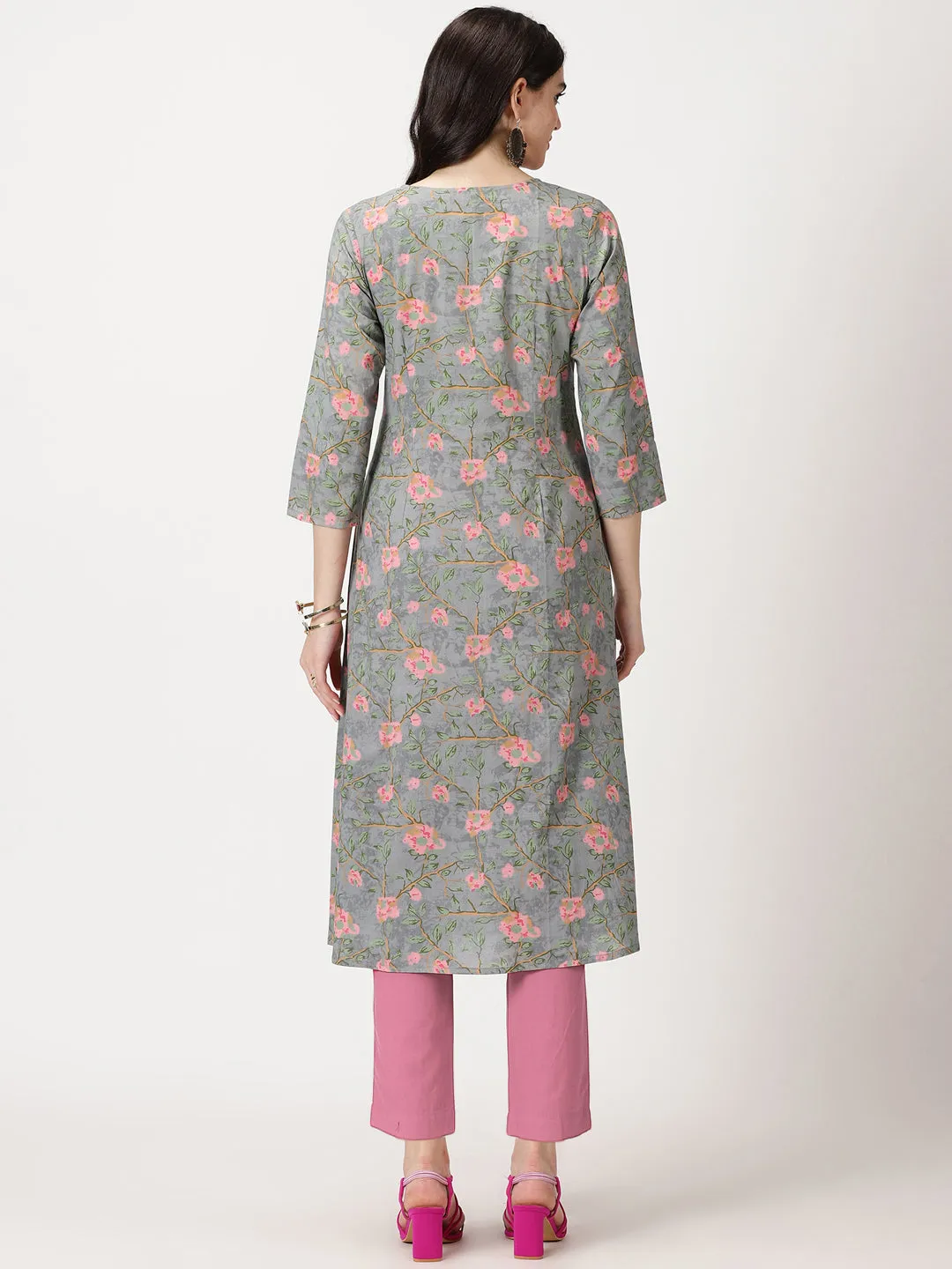 Grey Floral Print A-line Kurta with Embroidered Neck