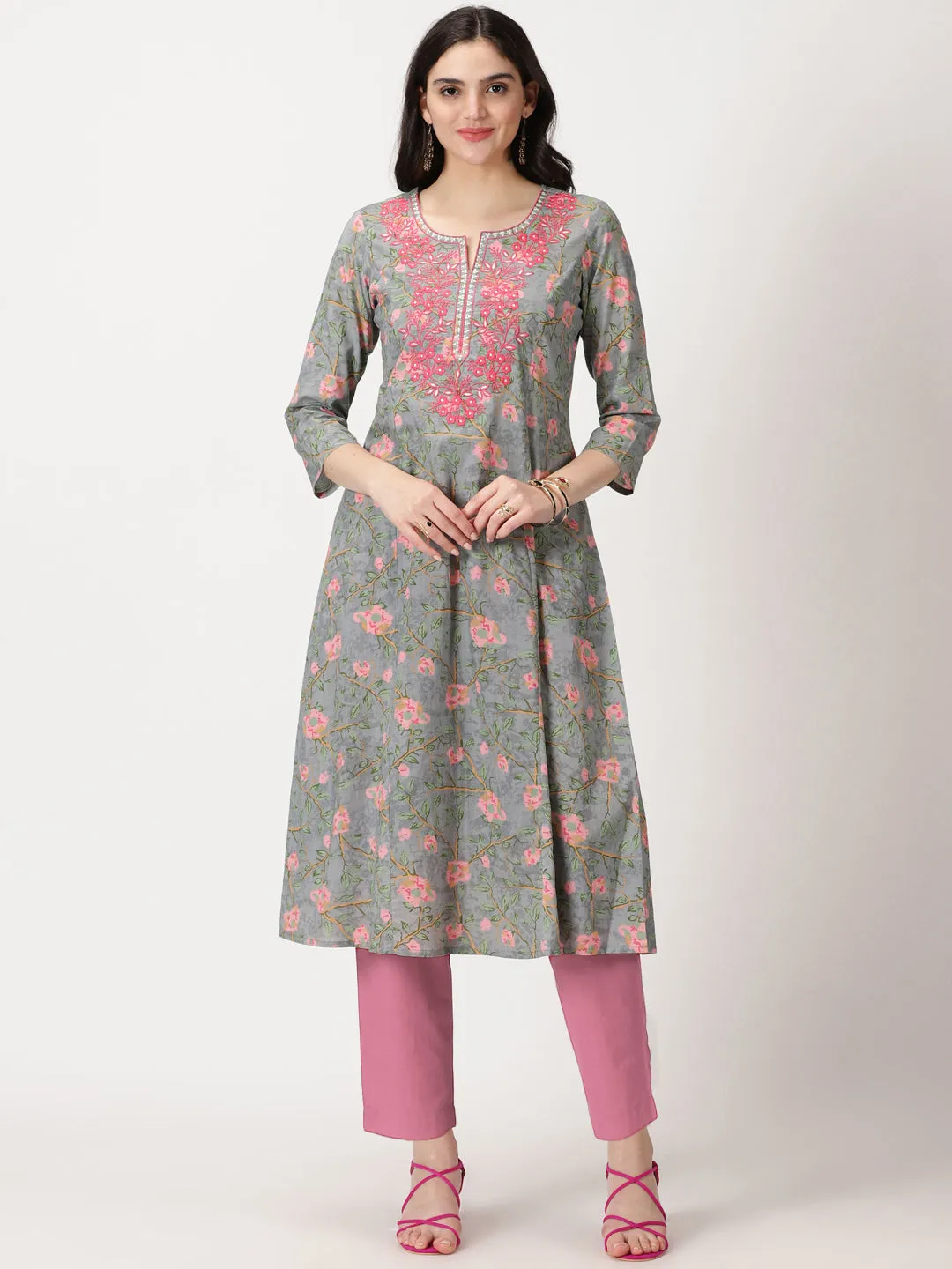 Grey Floral Print A-line Kurta with Embroidered Neck