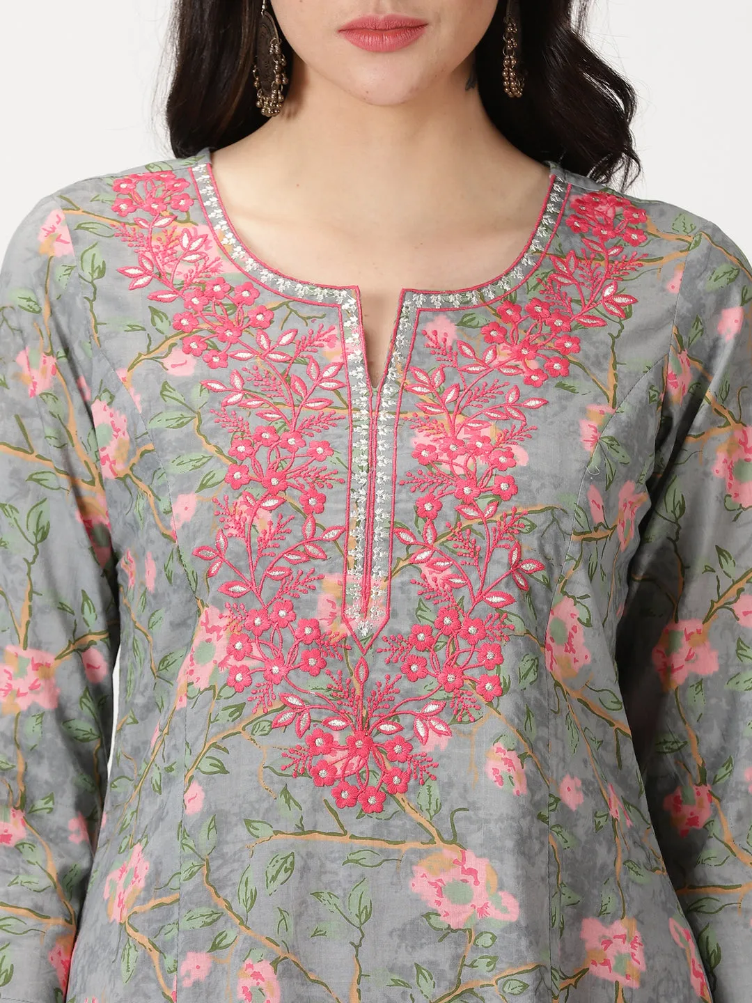 Grey Floral Print A-line Kurta with Embroidered Neck