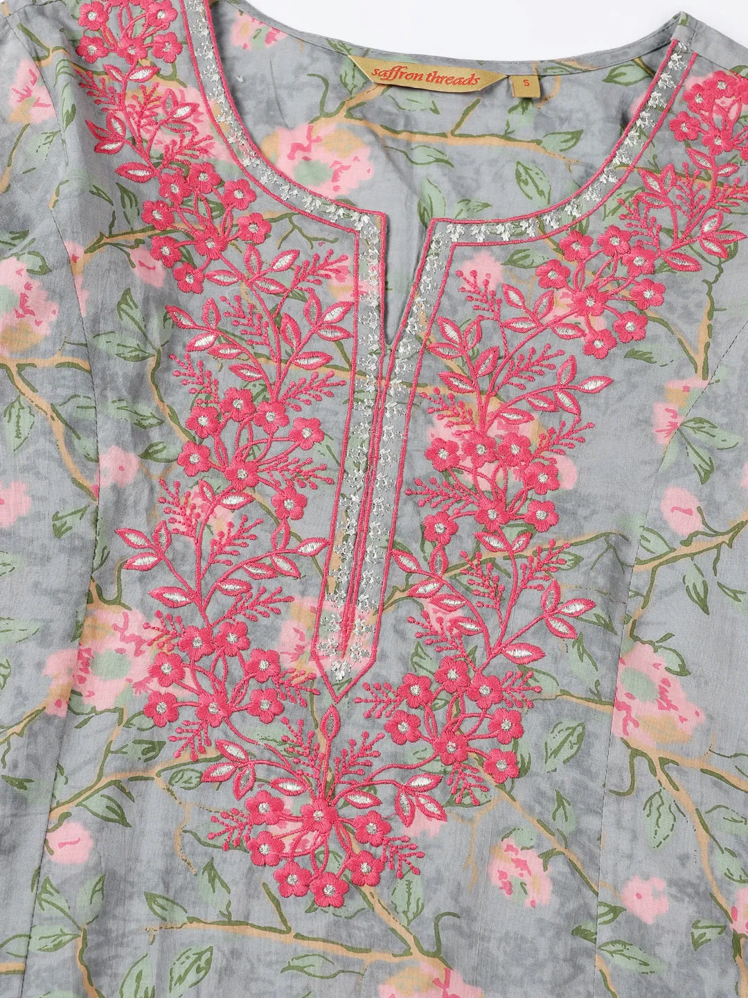 Grey Floral Print A-line Kurta with Embroidered Neck