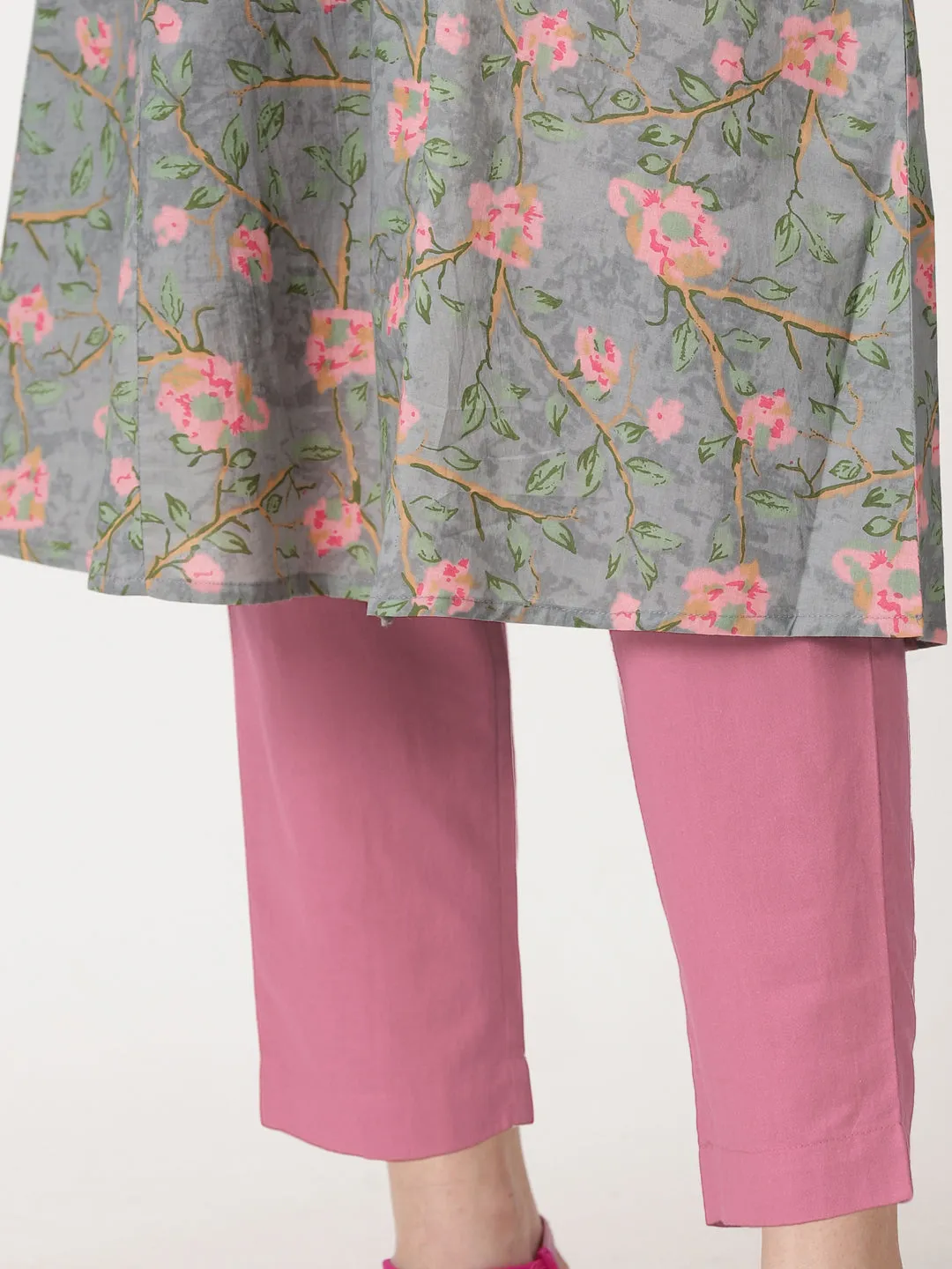 Grey Floral Print A-line Kurta with Embroidered Neck