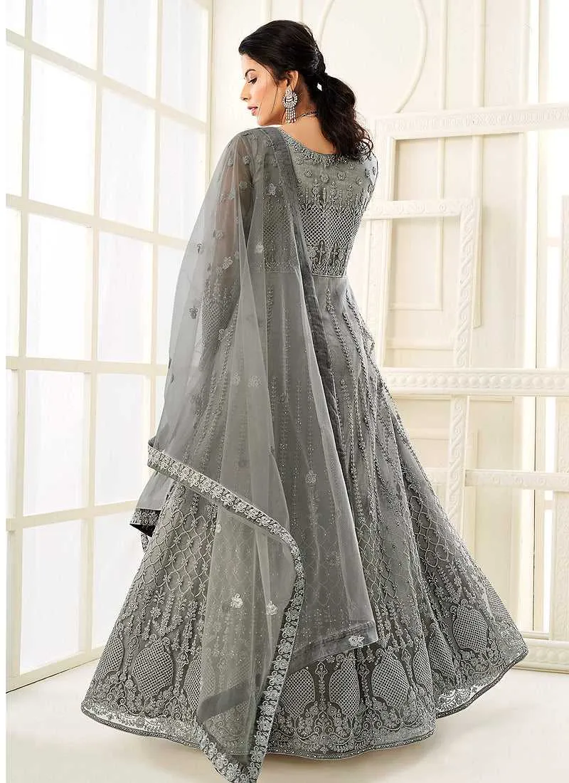 Grey Heavy Embroidered Kalidar Gown Style Anarkali