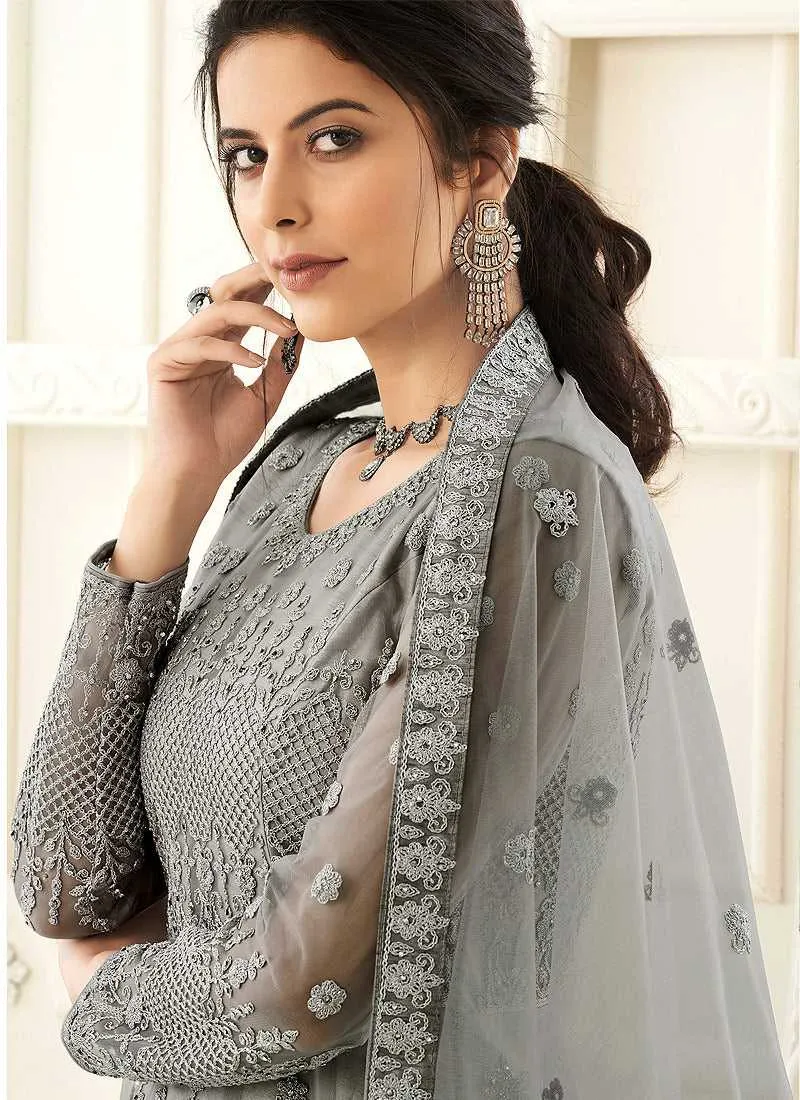 Grey Heavy Embroidered Kalidar Gown Style Anarkali