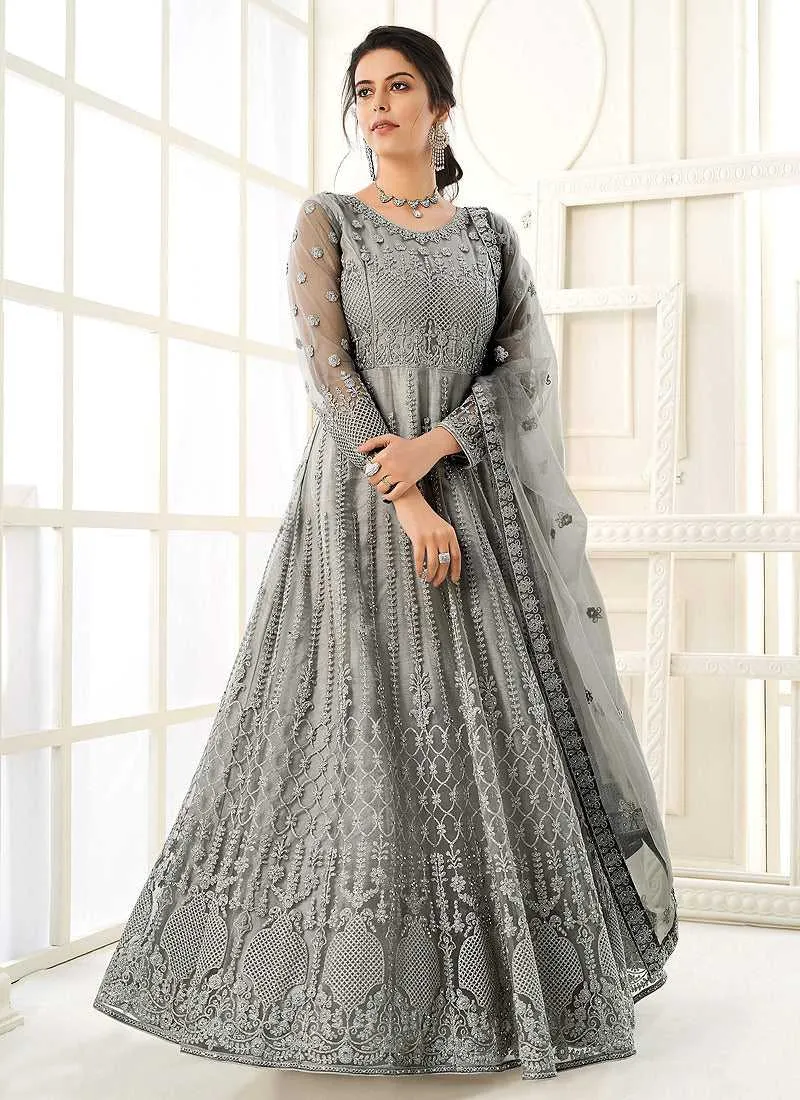 Grey Heavy Embroidered Kalidar Gown Style Anarkali