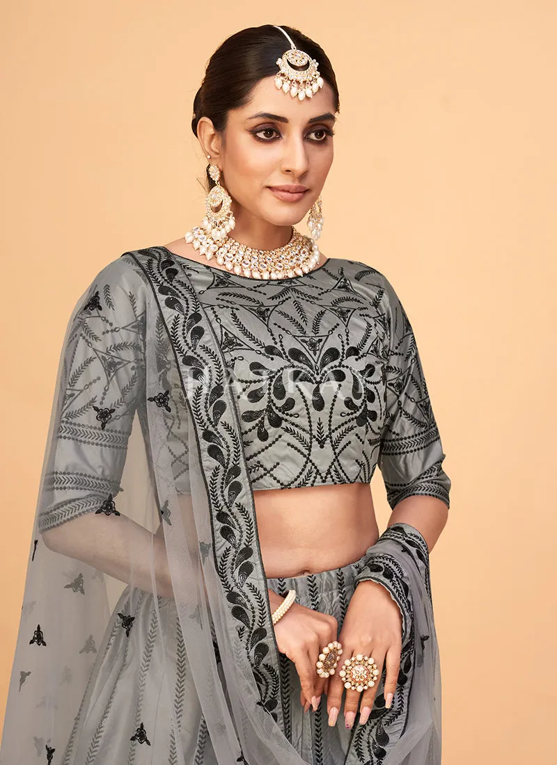 Grey Sequence Embroidered Wedding Silk Lehenga Choli
