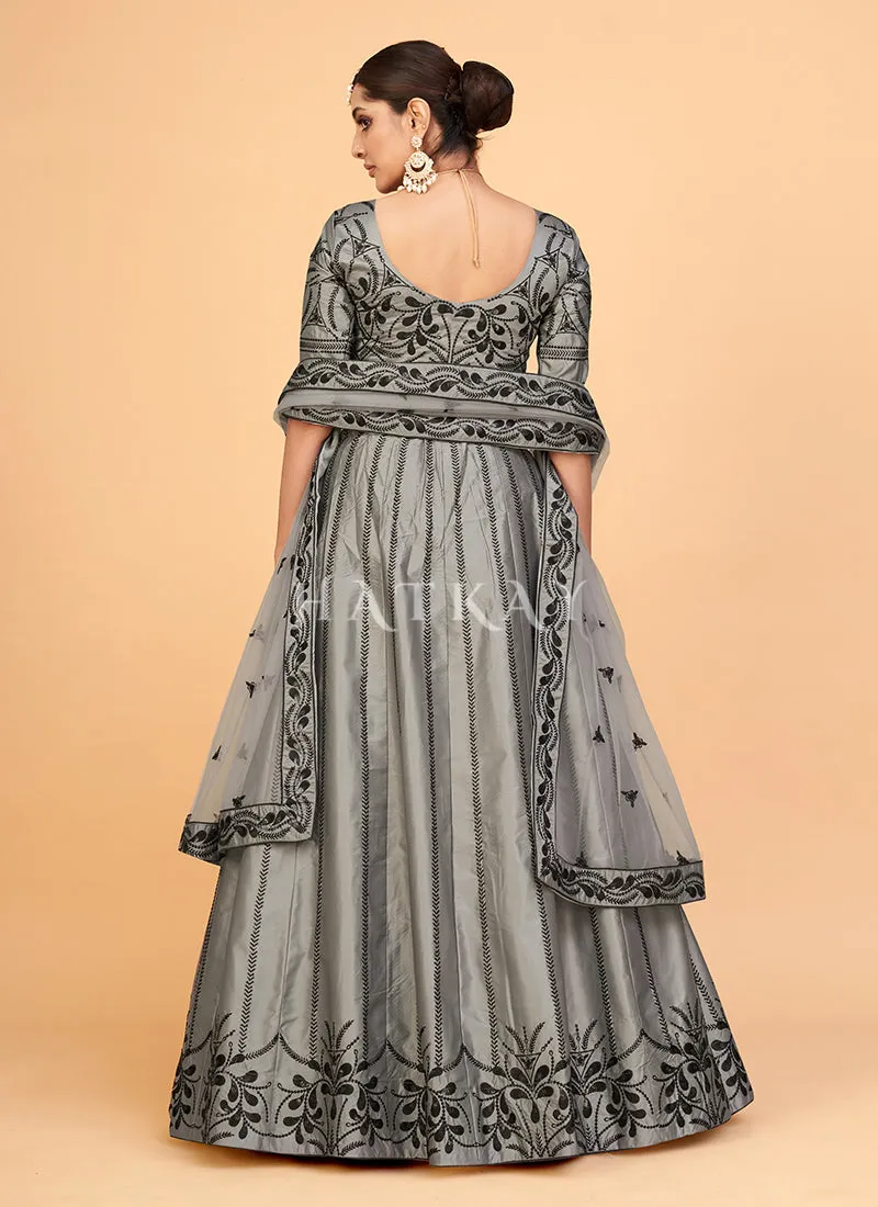 Grey Sequence Embroidered Wedding Silk Lehenga Choli