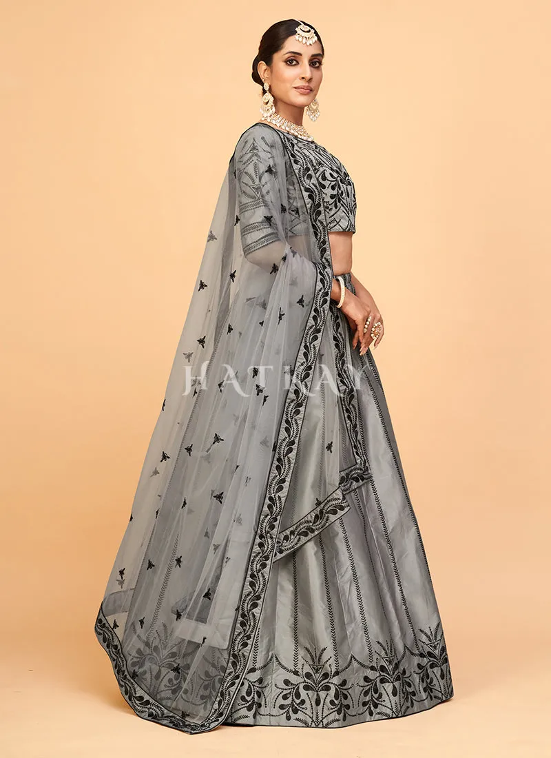 Grey Sequence Embroidered Wedding Silk Lehenga Choli