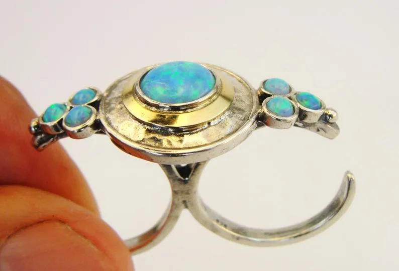 Hadar Designers 9k Yellow Gold 925 Silver Opal 2 Finger Ring size 6.5,7,7.5 (MS)