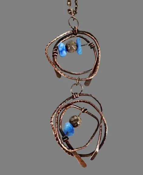 Handcrafted Tarnished Solid Copper Wrapped Pendant with Hammered Texture – Jasper & Blue Abalorios Dangle