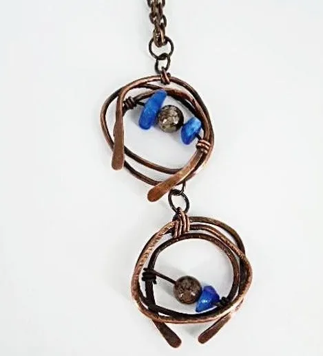 Handcrafted Tarnished Solid Copper Wrapped Pendant with Hammered Texture – Jasper & Blue Abalorios Dangle