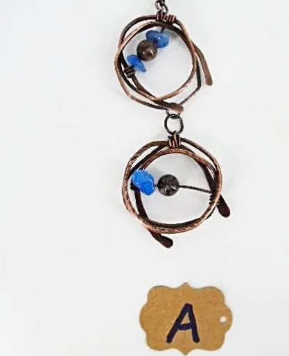 Handcrafted Tarnished Solid Copper Wrapped Pendant with Hammered Texture – Jasper & Blue Abalorios Dangle