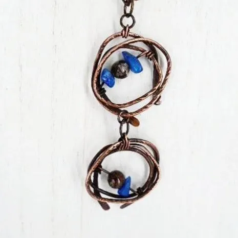 Handcrafted Tarnished Solid Copper Wrapped Pendant with Hammered Texture – Jasper & Blue Abalorios Dangle