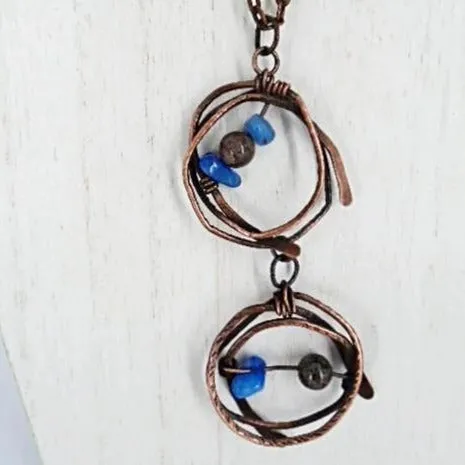 Handcrafted Tarnished Solid Copper Wrapped Pendant with Hammered Texture – Jasper & Blue Abalorios Dangle