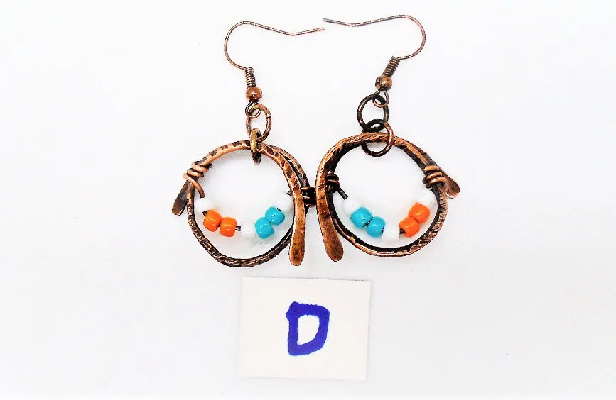 Handmade Boho Chic Tarnished Solid Copper Wrapped Free-Dangling Earrings with Aqua Green, White, & Orange Glass Beads