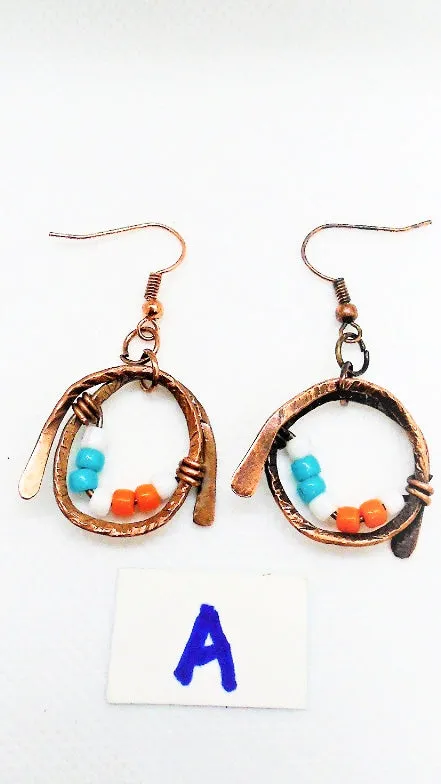 Handmade Boho Chic Tarnished Solid Copper Wrapped Free-Dangling Earrings with Aqua Green, White, & Orange Glass Beads