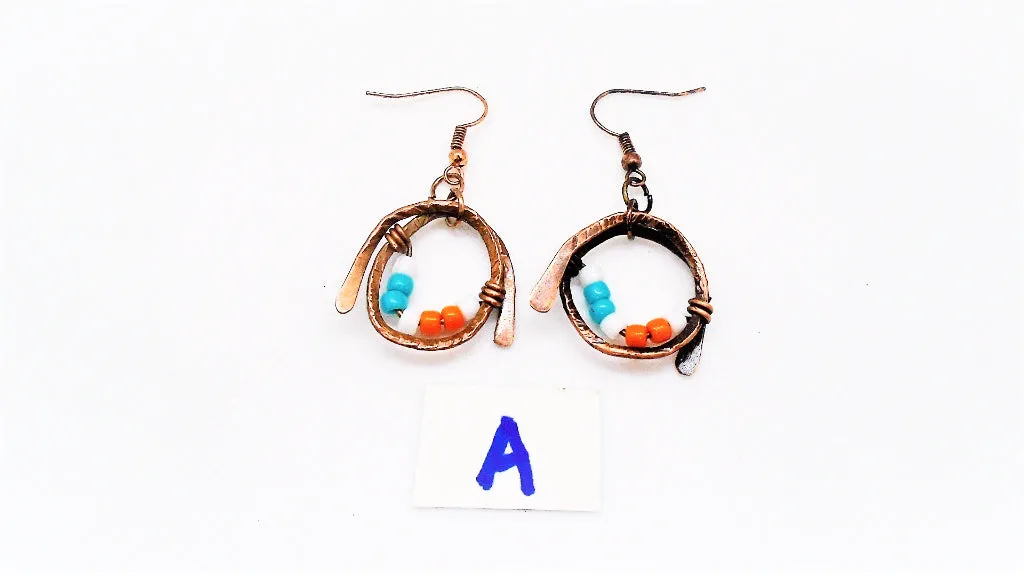Handmade Boho Chic Tarnished Solid Copper Wrapped Free-Dangling Earrings with Aqua Green, White, & Orange Glass Beads