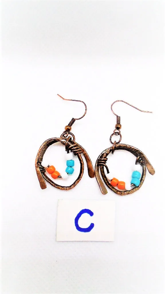 Handmade Boho Chic Tarnished Solid Copper Wrapped Free-Dangling Earrings with Aqua Green, White, & Orange Glass Beads