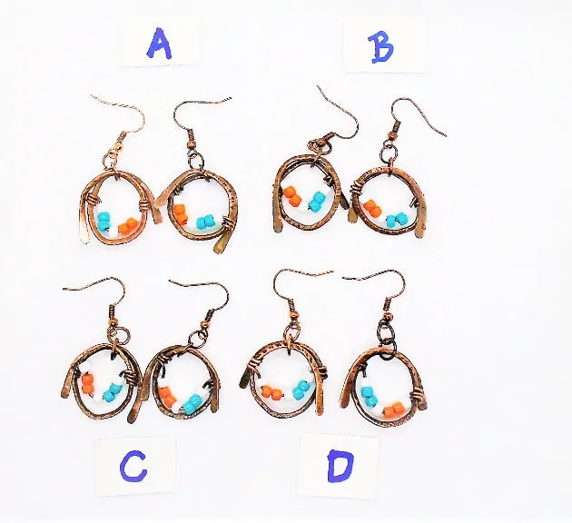 Handmade Boho Chic Tarnished Solid Copper Wrapped Free-Dangling Earrings with Aqua Green, White, & Orange Glass Beads