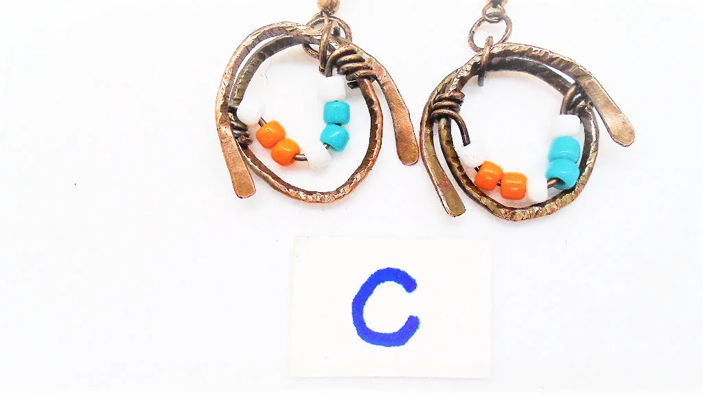 Handmade Boho Chic Tarnished Solid Copper Wrapped Free-Dangling Earrings with Aqua Green, White, & Orange Glass Beads