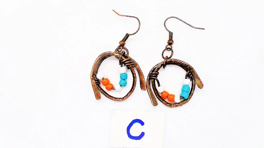 Handmade Boho Chic Tarnished Solid Copper Wrapped Free-Dangling Earrings with Aqua Green, White, & Orange Glass Beads