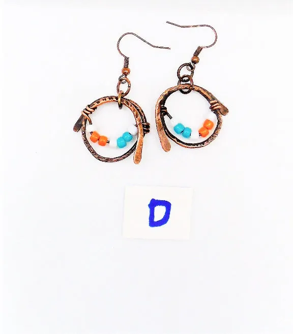 Handmade Boho Chic Tarnished Solid Copper Wrapped Free-Dangling Earrings with Aqua Green, White, & Orange Glass Beads