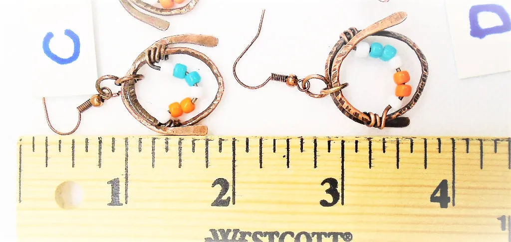 Handmade Boho Chic Tarnished Solid Copper Wrapped Free-Dangling Earrings with Aqua Green, White, & Orange Glass Beads