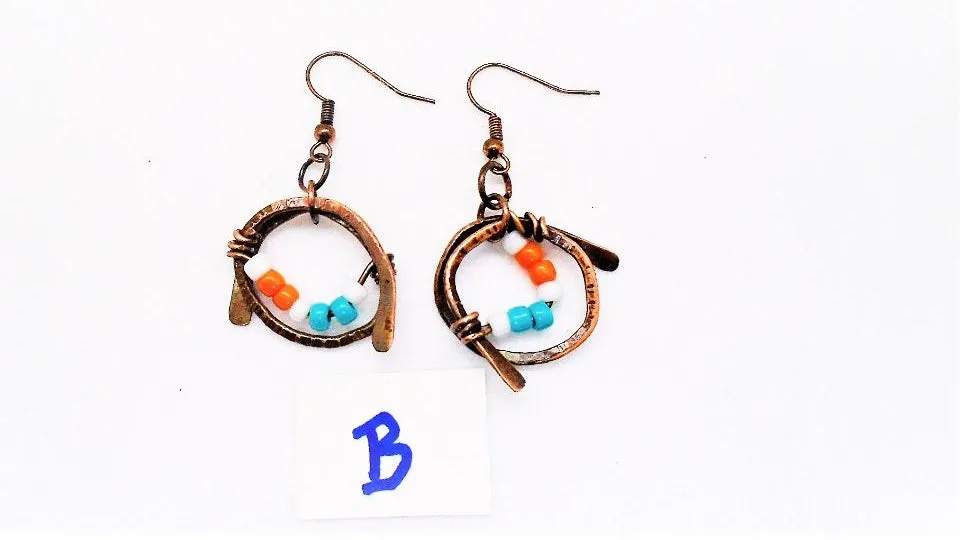 Handmade Boho Chic Tarnished Solid Copper Wrapped Free-Dangling Earrings with Aqua Green, White, & Orange Glass Beads
