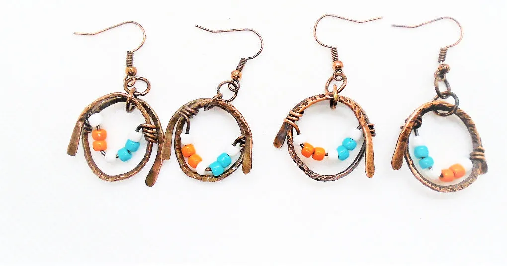 Handmade Boho Chic Tarnished Solid Copper Wrapped Free-Dangling Earrings with Aqua Green, White, & Orange Glass Beads