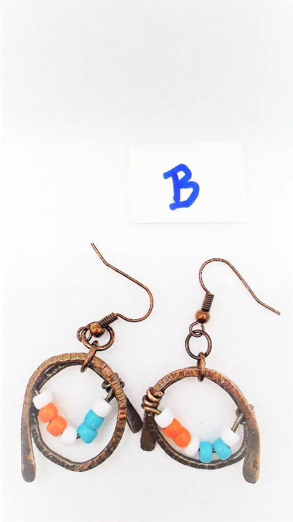 Handmade Boho Chic Tarnished Solid Copper Wrapped Free-Dangling Earrings with Aqua Green, White, & Orange Glass Beads