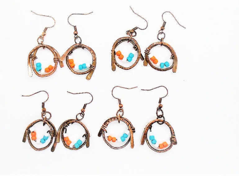 Handmade Boho Chic Tarnished Solid Copper Wrapped Free-Dangling Earrings with Aqua Green, White, & Orange Glass Beads