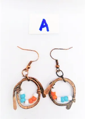 Handmade Boho Chic Tarnished Solid Copper Wrapped Free-Dangling Earrings with Aqua Green, White, & Orange Glass Beads