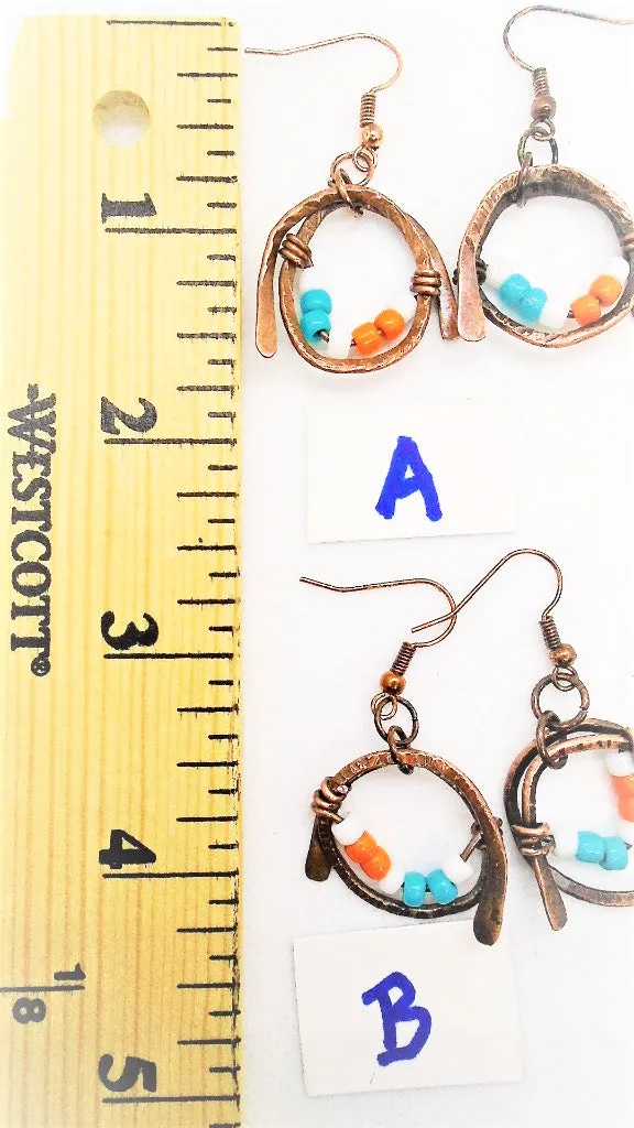 Handmade Boho Chic Tarnished Solid Copper Wrapped Free-Dangling Earrings with Aqua Green, White, & Orange Glass Beads