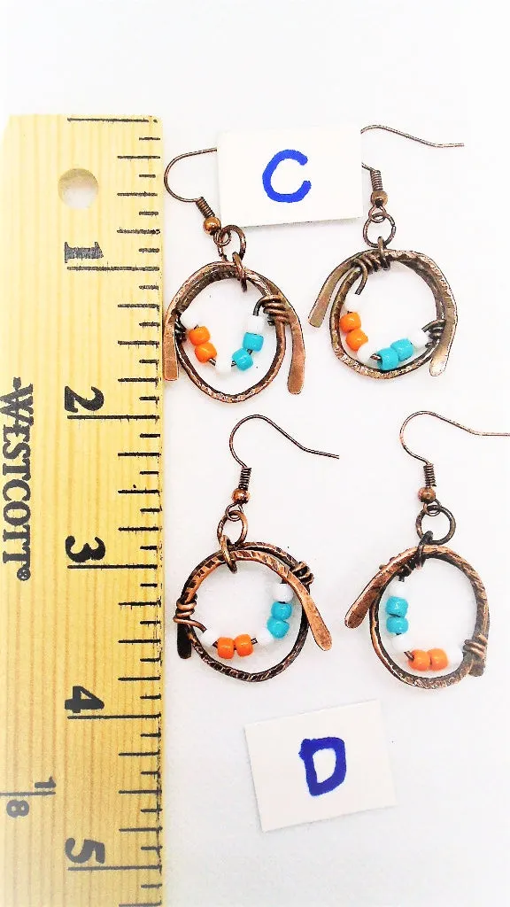 Handmade Boho Chic Tarnished Solid Copper Wrapped Free-Dangling Earrings with Aqua Green, White, & Orange Glass Beads