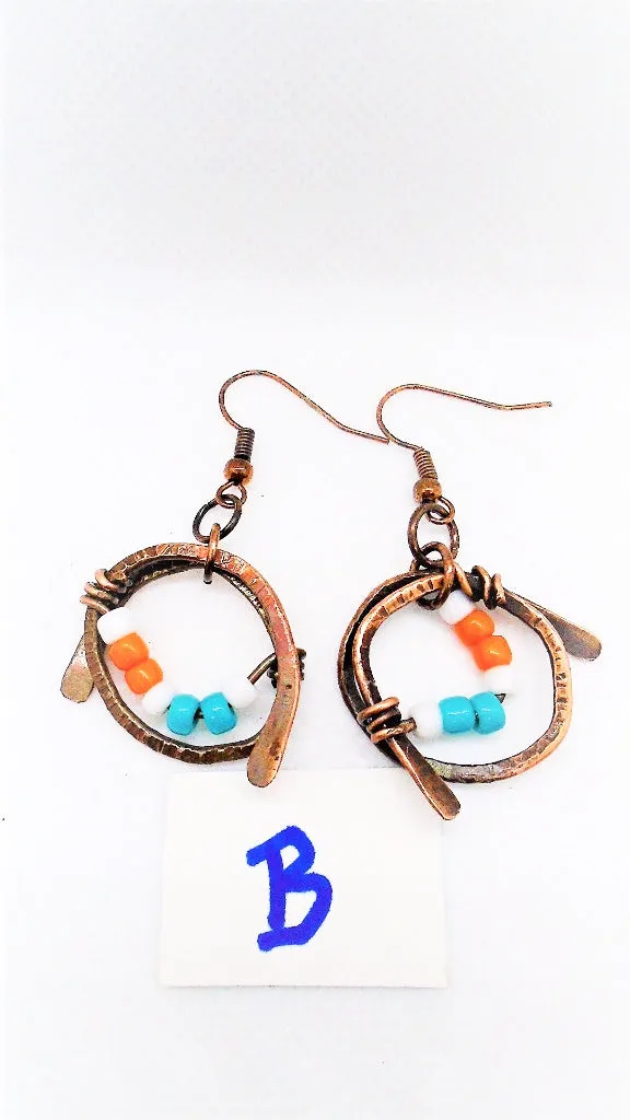 Handmade Boho Chic Tarnished Solid Copper Wrapped Free-Dangling Earrings with Aqua Green, White, & Orange Glass Beads