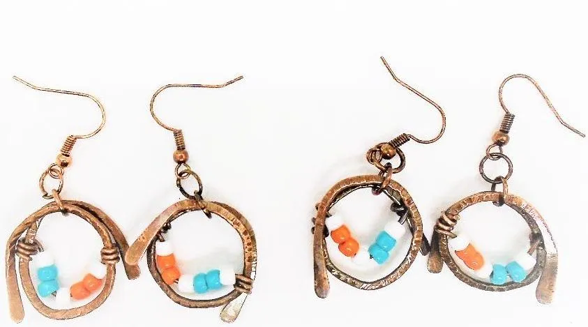 Handmade Boho Chic Tarnished Solid Copper Wrapped Free-Dangling Earrings with Aqua Green, White, & Orange Glass Beads
